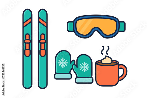 Flat lay of winter sports gear and hot beverage set including skis, goggles, and mittens