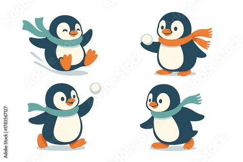 Adorable cartoon penguins playing winter games and having fun in the snow