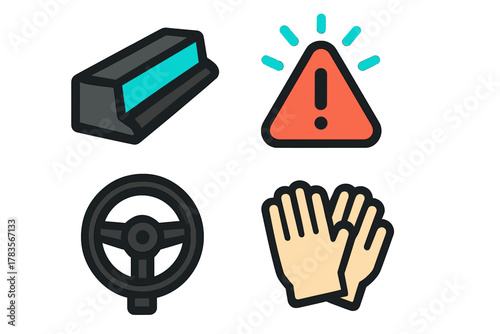 Essential automotive safety symbols including steering wheel, warning sign, and protective gloves