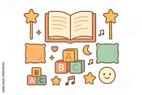 Cute collection of bedtime and learning elements with ABC blocks, book, and pillows