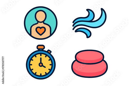 Set of four colorful icons representing human health, stopwatch, air flow, and spa stones