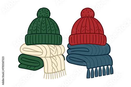 Colorful knitwear stacks featuring bobble hats and folded scarves for winter apparel