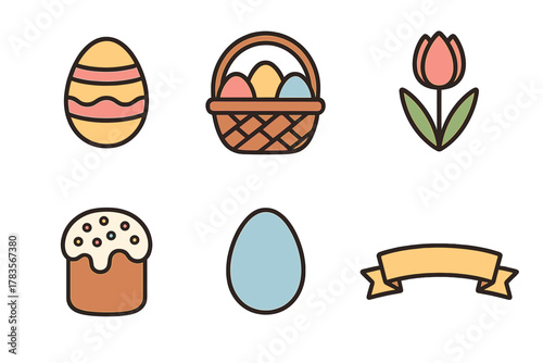 Colorful Easter holiday symbols set: decorated eggs, wicker basket, spring tulip, and traditional cake