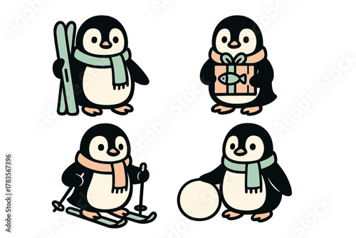 Cute cartoon penguins wearing scarves skiing and holding a gift box during winter activities