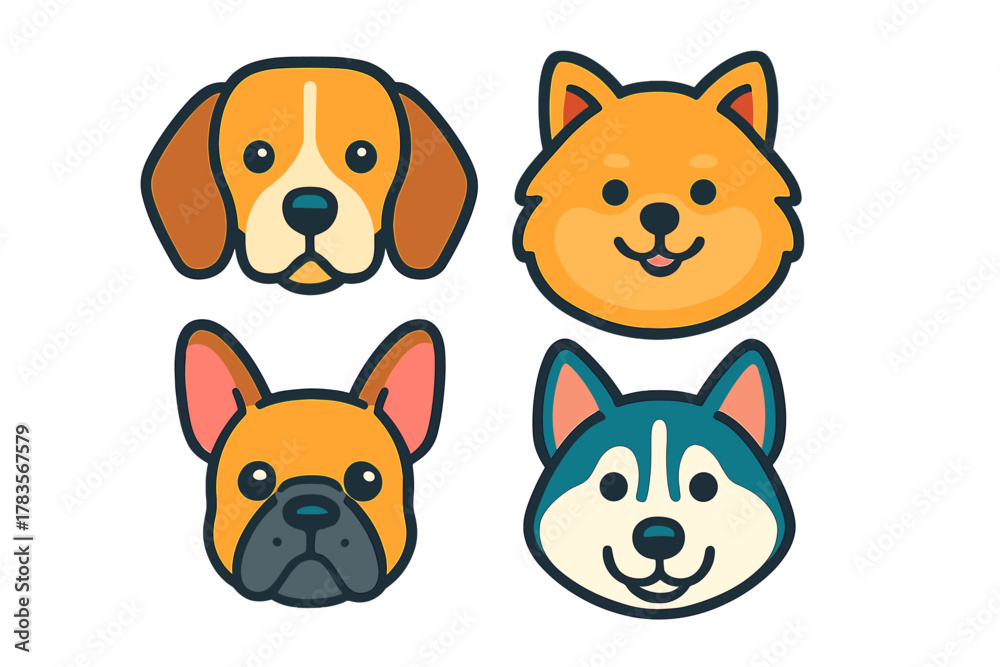 Fototapeta premium Cute cartoon dog faces set featuring Beagle Shiba Inu French Bulldog and Husky breeds