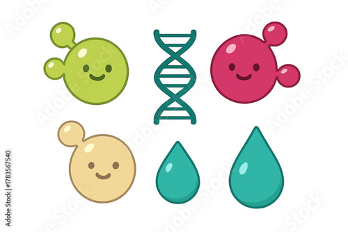 Cute biology and science icons featuring happy cells DNA strand and colorful liquid droplets