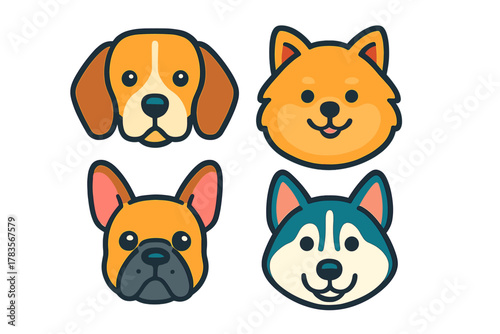 Cute cartoon dog faces set featuring Beagle Shiba Inu French Bulldog and Husky breeds