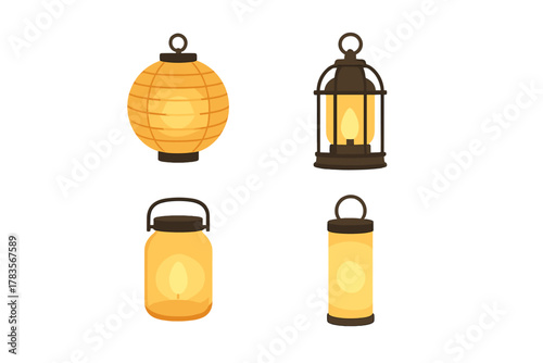 Collection of four glowing decorative lanterns in spherical, caged, and jar shapes