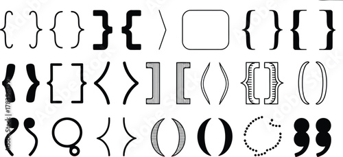 Collection of Black and White Brackets, Parentheses, Curly Braces, and Other Punctuation Marks