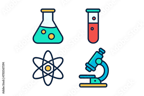Colorful science icons set featuring laboratory glassware, microscope, and atomic structure model