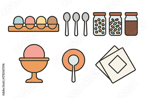 Ice cream parlor elements set featuring scoops, toppings, spoons, and napkins