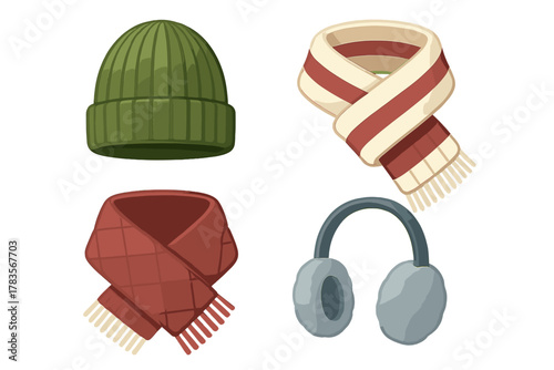 Collection of essential winter accessories including knit hat, scarves, and warm earmuffs