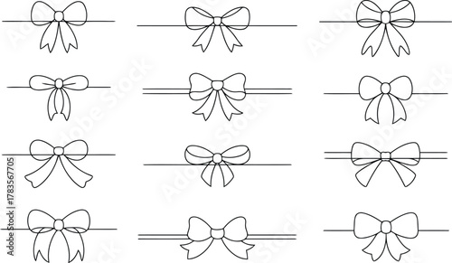 Decorative Bow Set Black Outline Bows with Lines for Gift Design Elements