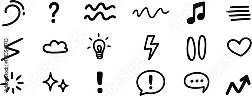Doodle Icon Collection HandDrawn Symbols of Question Mark, Lightbulb, Music Note, Heart, and Arrow