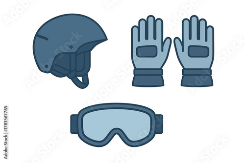 Winter sports safety equipment set with helmet, ski goggles, and protective gloves