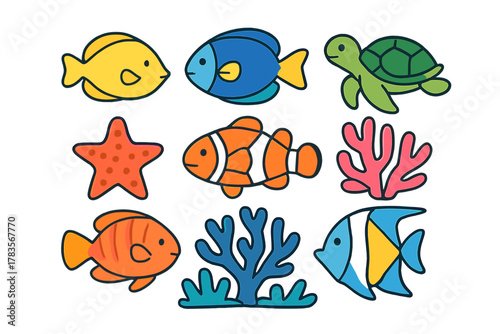 Colorful set of cute cartoon sea creatures including fish, turtle, starfish, and coral elements