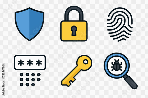 Digital security and protection icons featuring shield padlock key fingerprint and bug scan symbols