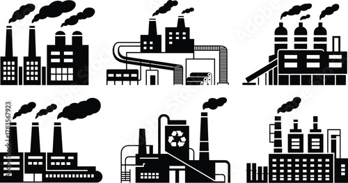 Industrial factory silhouettes, black and white design, chimneys with smoke, manufacturing buildings, energy production, recycling concept, urban infrastructure, pollution, environmental impact