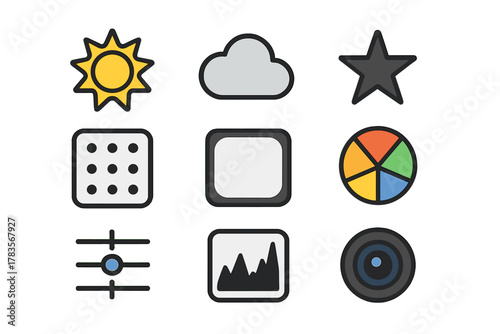 Essential symbols for digital interfaces covering weather, media, settings, and navigation elements