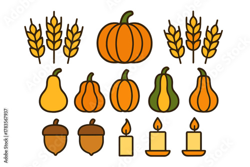 Pumpkins, gourds, wheat stalks, acorns, and lit candles representing autumn harvest symbols