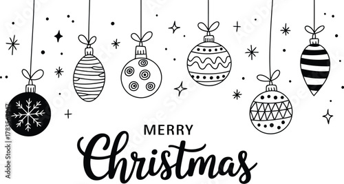 Merry Christmas Message with Hanging Ornaments, Stars, Dots and Hand Lettering on White Background