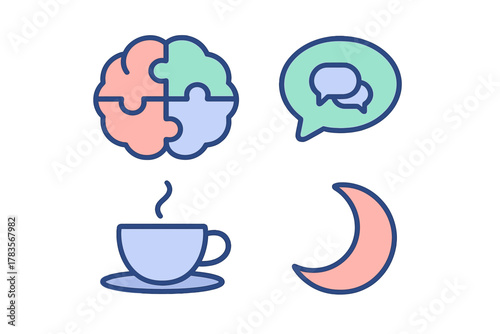 Icons for daily concepts: brain puzzle, chat bubble, coffee cup, and moon