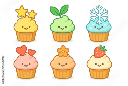Collection of six adorable kawaii style cupcakes decorated with various toppings