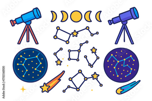 Colorful astronomy and space objects collection featuring telescopes, moon phases, and constellations