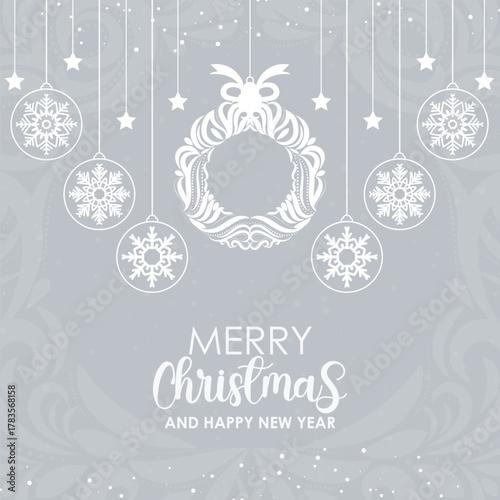 Elegant Christmas and New Year Greeting Card with Snowflakes and Wreath