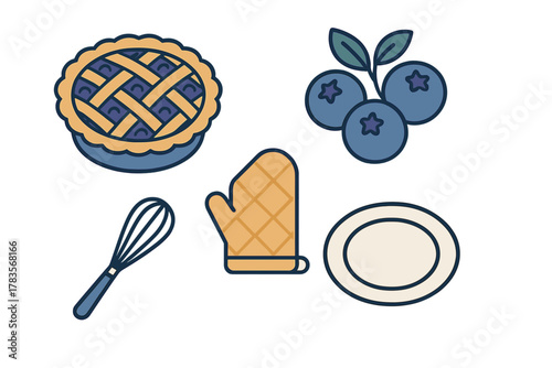Blueberry pie, fresh berries, whisk, oven mitt, and serving plate baking collection