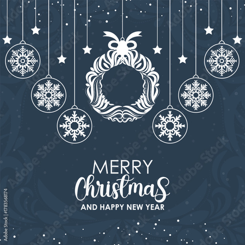 Elegant Christmas and New Year Greeting Card with Snowflakes and Wreath
