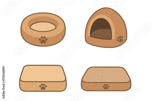 Set of various cozy brown pet beds including donut, cave, and rectangular cushion styles