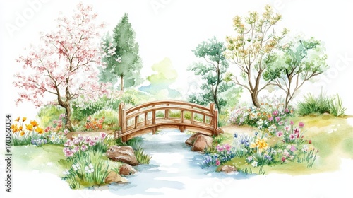 Spring garden watercolor with wooden bridge over stream and blooming flowers