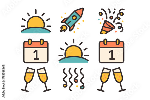 New Year celebration icons with sunrise, calendar, rocket, champagne, and confetti