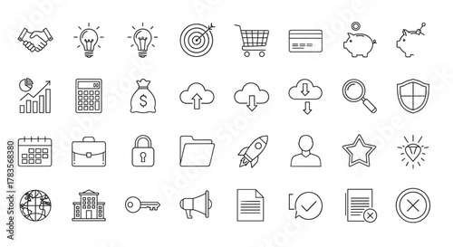 Modern and Trendy Line Style Icon Set for Business, E-commerce, Finance, and Accounting: A Comprehensive Collection of Vector Illustrations for Digital and Print Applications, Featuring Essential