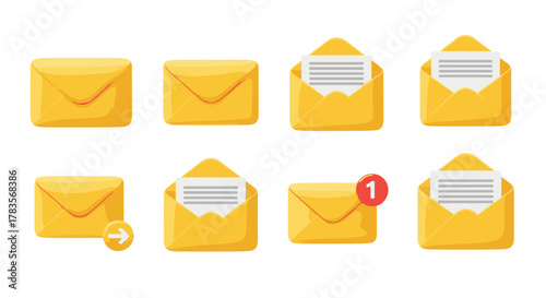 Set of 3D yellow envelopes and email icons, representing messages, letters, and notifications, with a subtle arrow indicating sending or forwarding, isolated on a clean white background for versatile