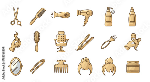 Golden gradient cartoon illustration of a set of hair salon icons on a white background, featuring scissors, combs, hair dryer, hairbrush, barber chair, flat iron, hair clips, mirror, and various