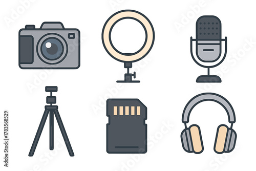 Flat design icons set for vlogging digital media production and streaming equipment