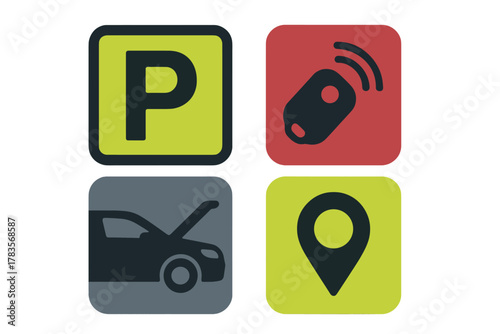Modern automotive service symbols for parking, remote key, breakdown, and GPS location