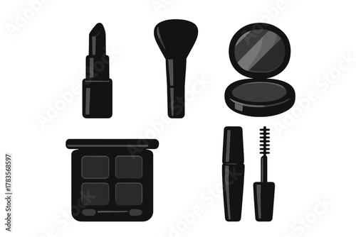 Black silhouette icons of essential cosmetic products and makeup tools