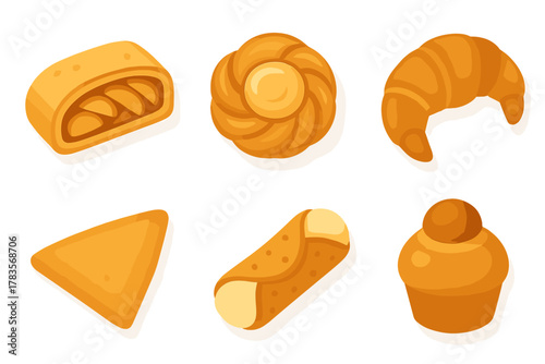 Collection of sweet bakery products including croissant, cannoli, and Danish pastry isolated on white