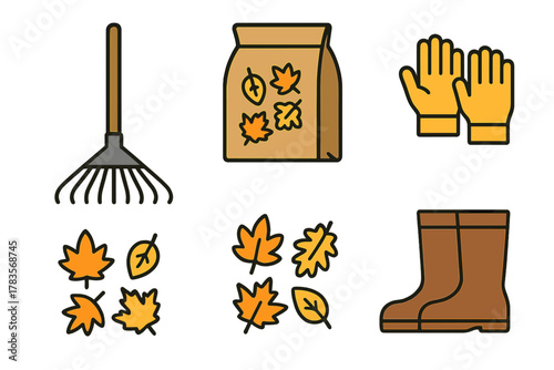 Autumn yard work tools set with rake, protective gloves, rubber boots, and bag of fallen leaves