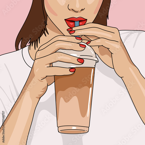 Vector Illustration Portrait of Young Woman Drinking Iced Coffee Wearing a White T-shirt Isolated on Pink Background