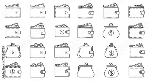 Collection of outline icons representing wallets and purses for money, featuring editable strokes, perfect for infographics, articles, books, flyers, and banners, presented as a vector cartoon
