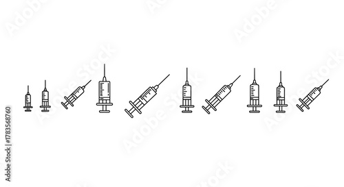 Set of minimalistic linear syringe icons in various sizes and orientations, perfect for web, graphic design, apps, banners, social networks, and cards. This vector cartoon illustration features a