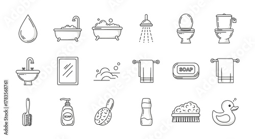 Collection of clean line art icons representing bathroom and shower essentials, including a water drop, bathtub with bubbles, shower head, sink, mirror, soap bar, soap dispenser, towels, bath brush