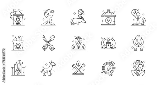 Vivid line icon set showcasing environmental themes including nature, wildlife, renewable energy, and sustainability concepts, ideal for eco-friendly campaigns, green technology, and climate