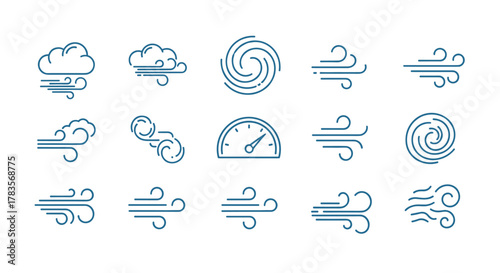 Collection of stylized line icons representing wind and weather phenomena, including clouds, gusts, swirling air currents, and a wind speed gauge, all rendered in a clean, modern blue outline style