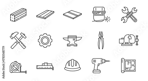 A comprehensive collection of line icons representing steel and metalworking, including essential tools and processes such as welding, crafting, and repair, presented in a clean, editable vector