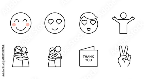 Collection of outline icons representing kindness and positive emotions, including a smiling face with blush, a face with heart eyes, a person with open arms, two people hugging, a thank you card